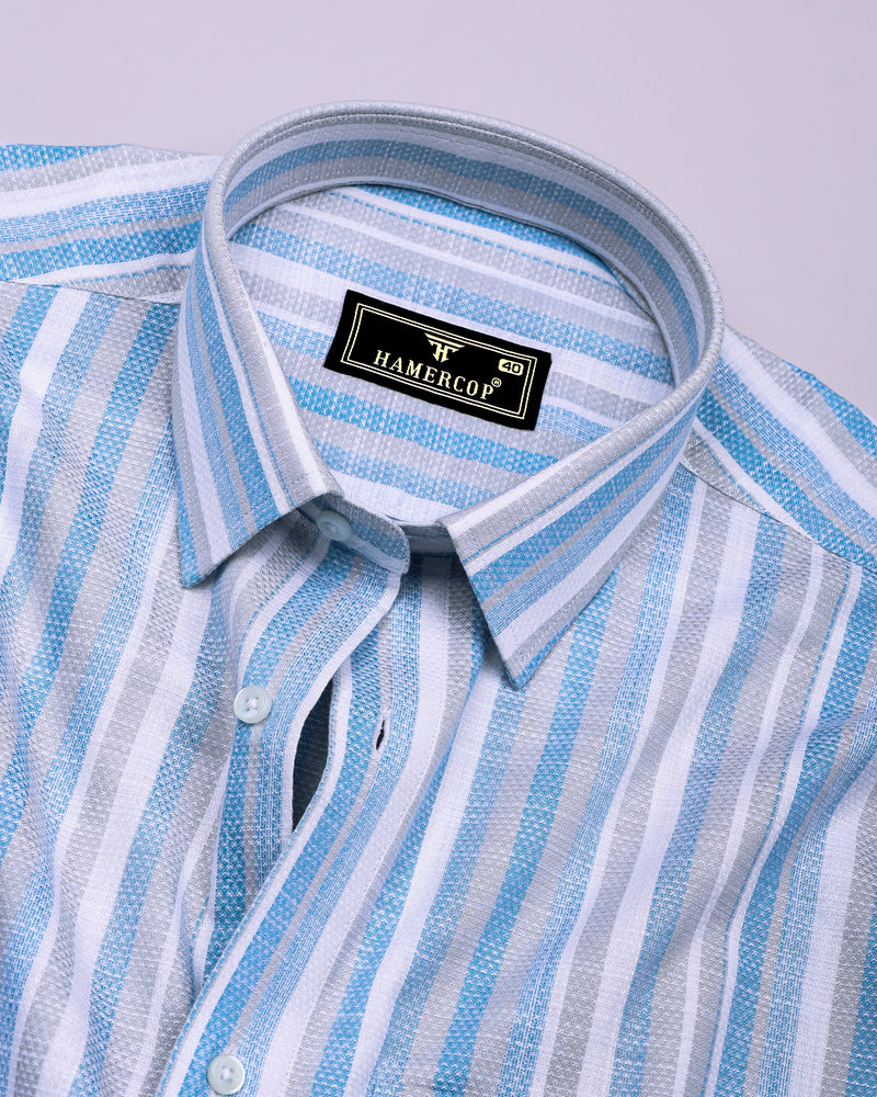 Jixi Blue With Gray Dobby Stripe Cotton Shirt