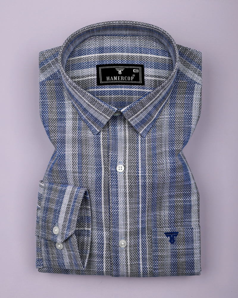 Peprizo Blue With Gray Dobby Stripe Cotton Shirt