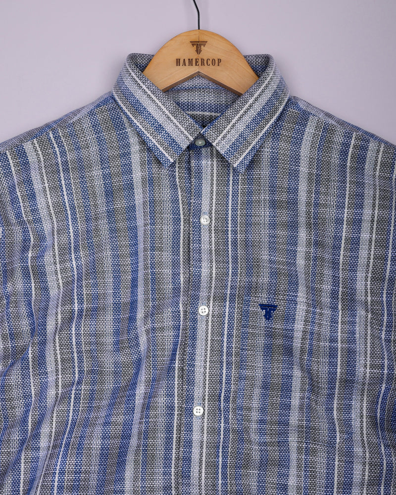Peprizo Blue With Gray Dobby Stripe Cotton Shirt