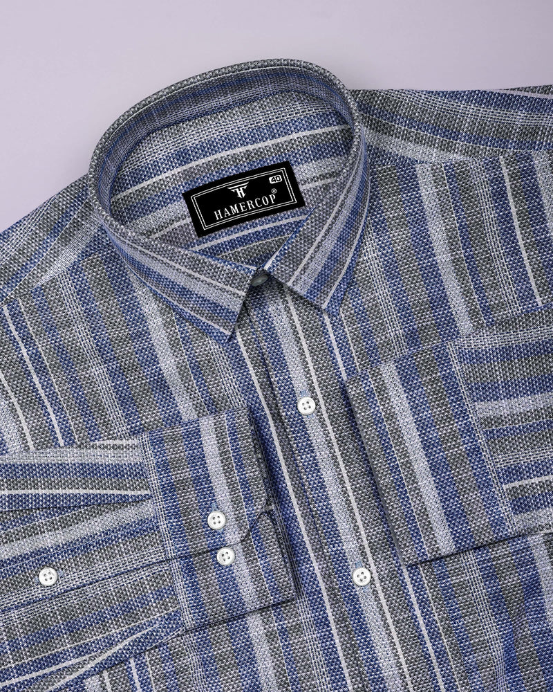 Peprizo Blue With Gray Dobby Stripe Cotton Shirt
