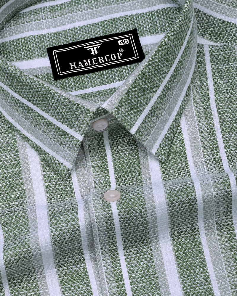Broccoli Green With White Dobby Stripe Cotton Shirt