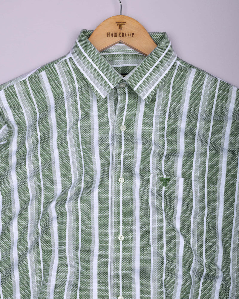 Broccoli Green With White Dobby Stripe Cotton Shirt