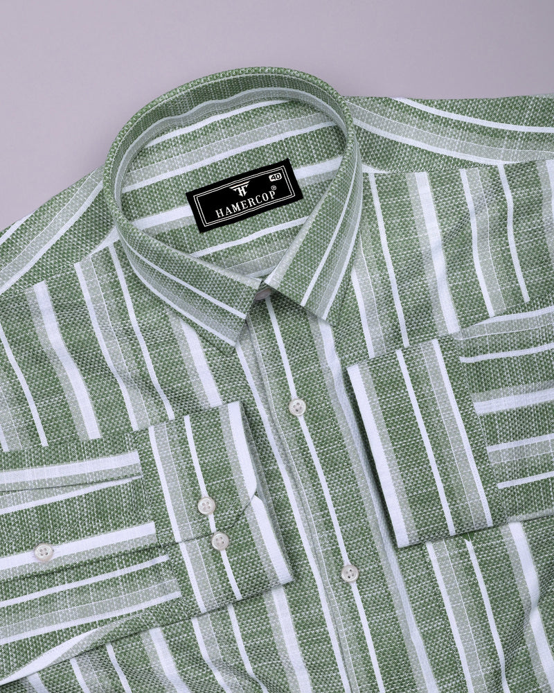 Broccoli Green With White Dobby Stripe Cotton Shirt