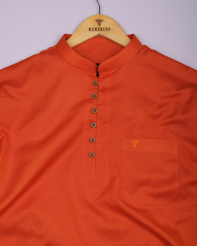 Libra Orange Solid Linen Cotton Shirt Style Kurta