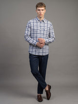 Marine Blue With Gray Dobby Check Cotton Shirt