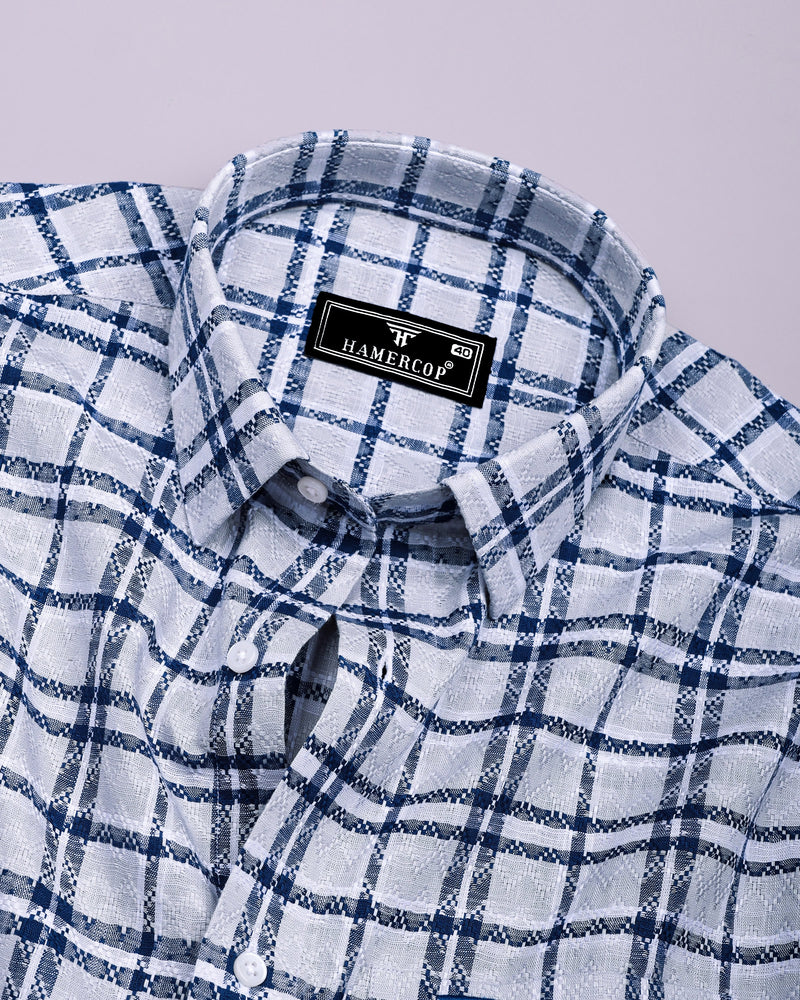 Marine Blue With Gray Dobby Check Cotton Shirt