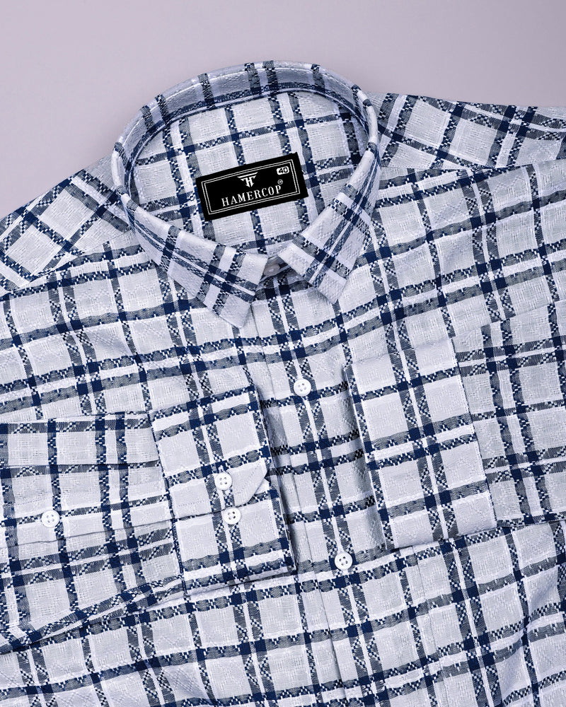 Marine Blue With Gray Dobby Check Cotton Shirt