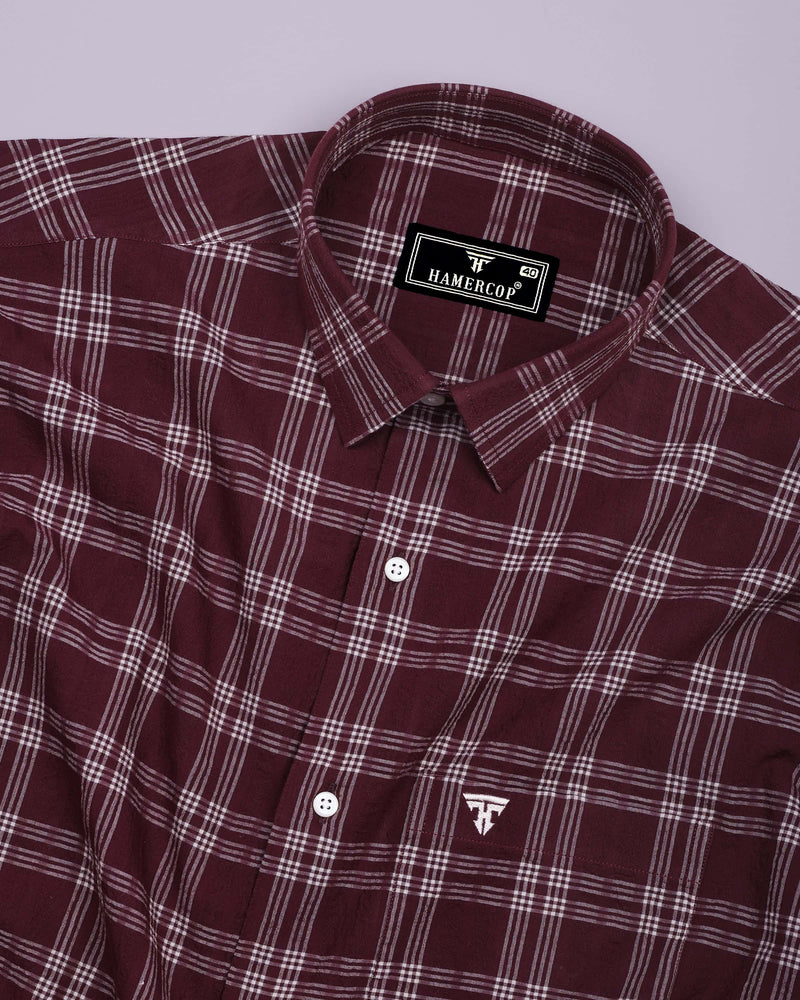 Yoro Maroon With White Check Seersucker Cotton Shirt