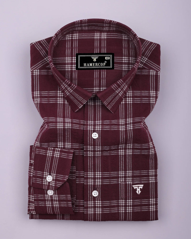 Yoro Maroon With White Check Seersucker Cotton Shirt