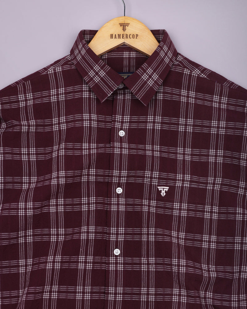 Yoro Maroon With White Check Seersucker Cotton Shirt