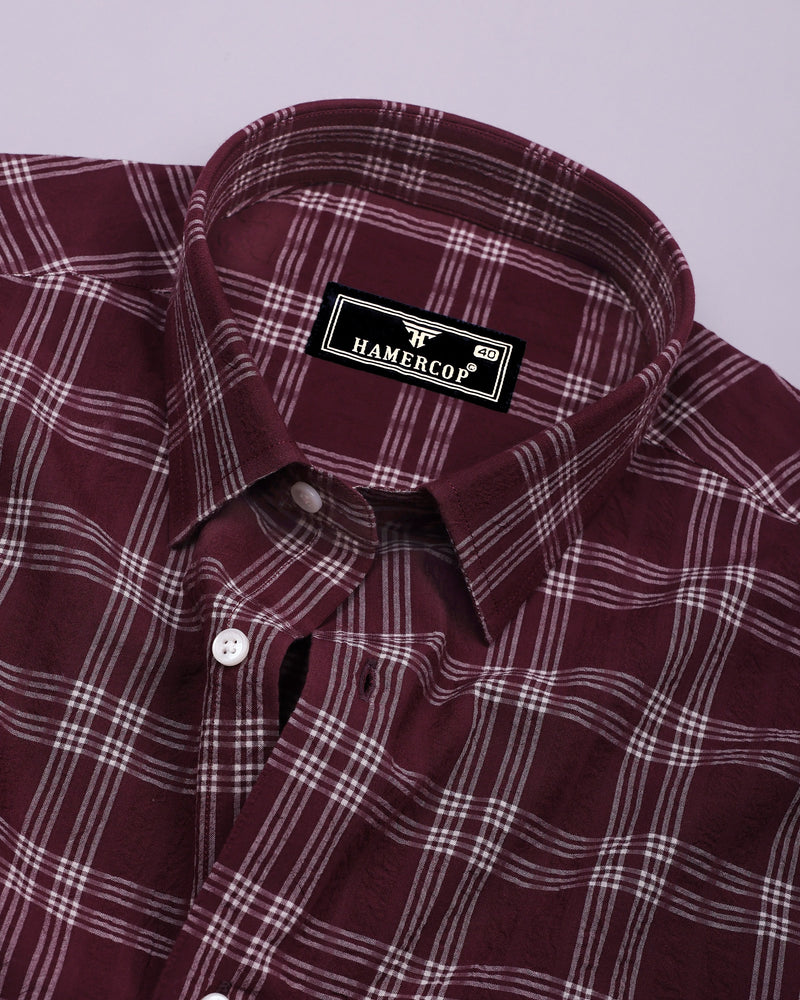 Yoro Maroon With White Check Seersucker Cotton Shirt