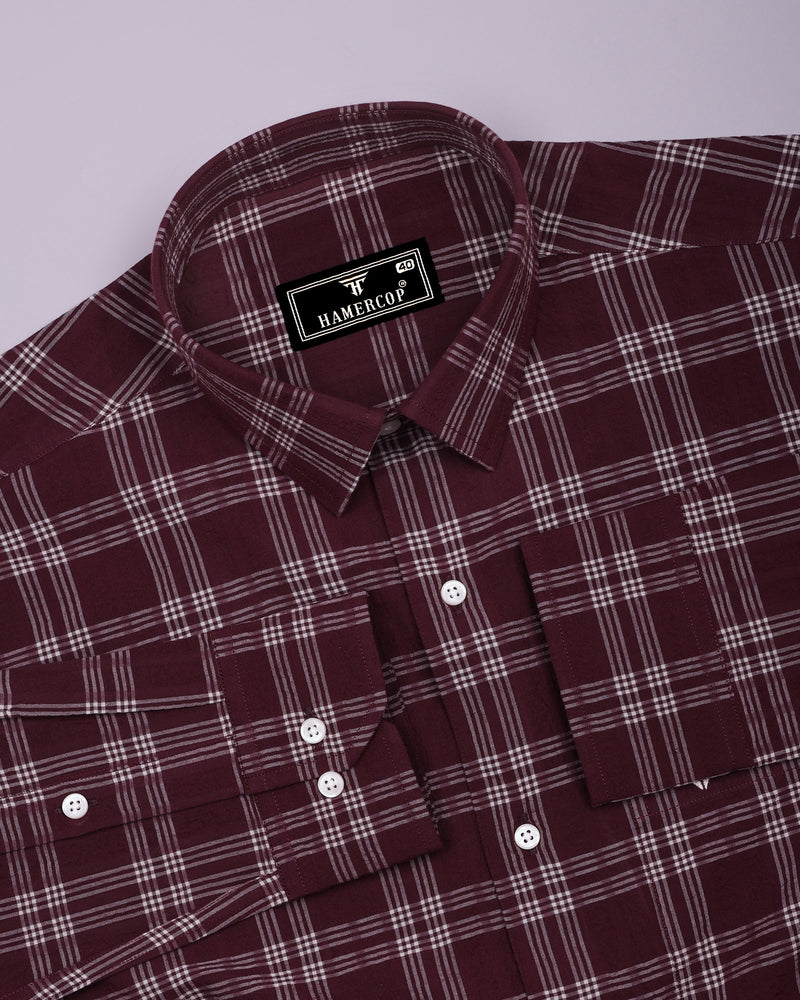 Yoro Maroon With White Check Seersucker Cotton Shirt