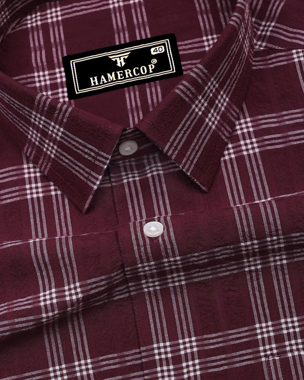 Yoro Maroon With White Check Seersucker Cotton Shirt