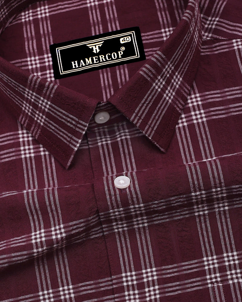 Yoro Maroon With White Check Seersucker Cotton Shirt