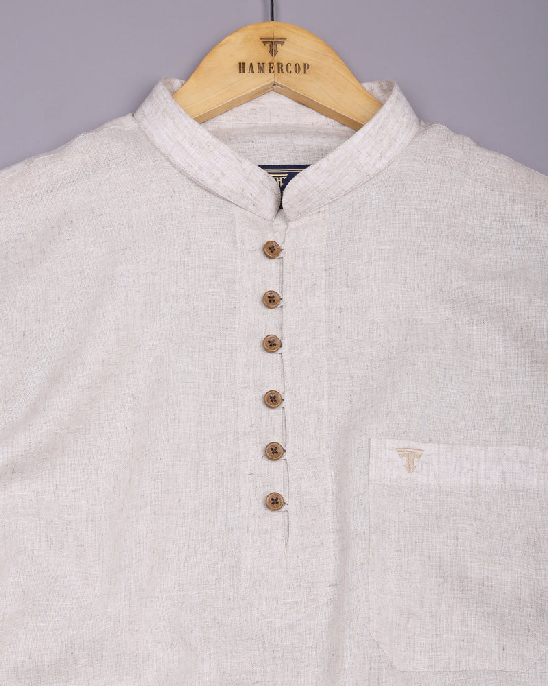 Khaki Cream Solid Linen Cotton Shirt Style Kurta