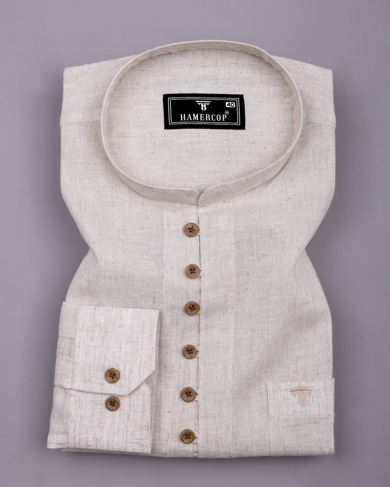 Khaki Cream Solid Linen Cotton Shirt Style Kurta