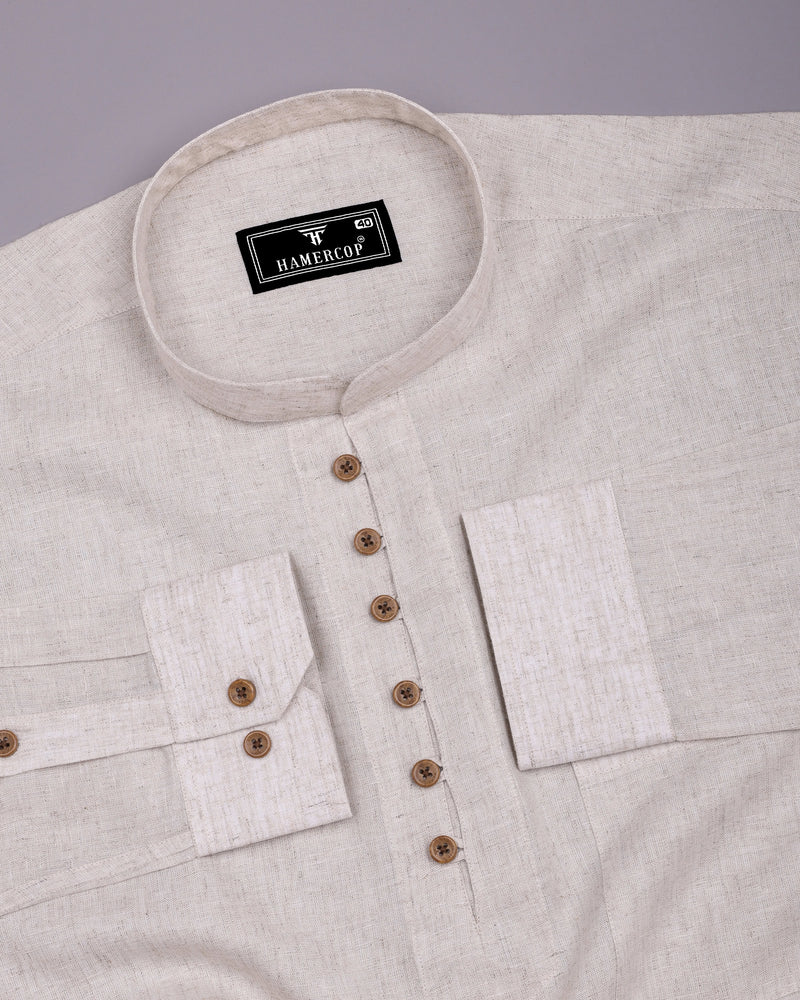 Khaki Cream Solid Linen Cotton Shirt Style Kurta