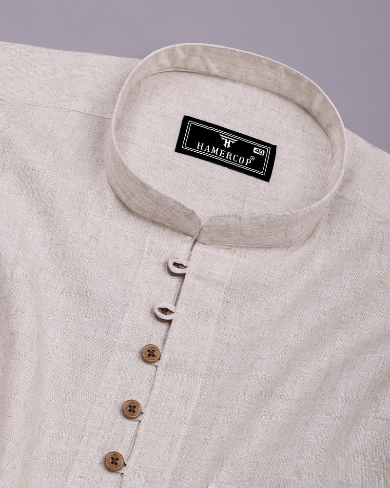 Khaki Cream Solid Linen Cotton Shirt Style Kurta