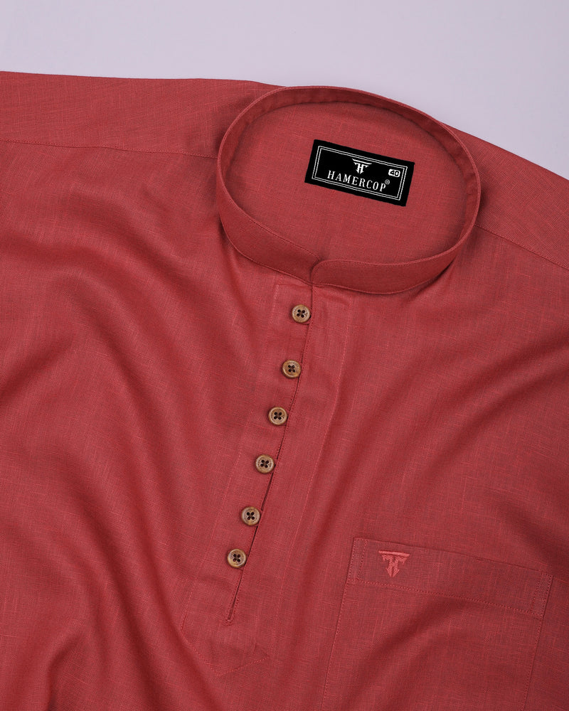 Libra Red Solid Linen Cotton Shirt Style Kurta