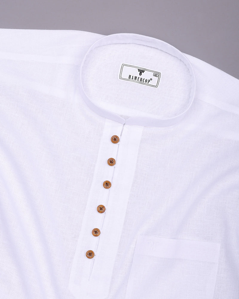 Libra White Solid Linen Cotton Shirt Style Kurta