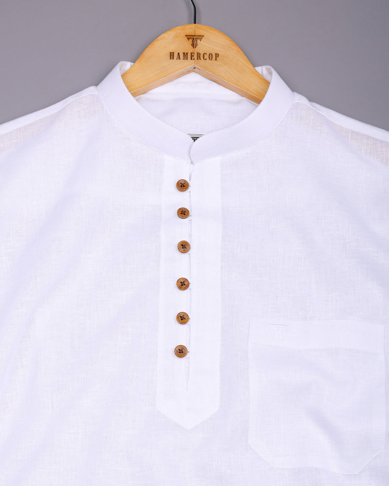 Libra White Solid Linen Cotton Shirt Style Kurta