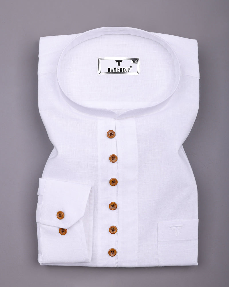 Libra White Solid Linen Cotton Shirt Style Kurta
