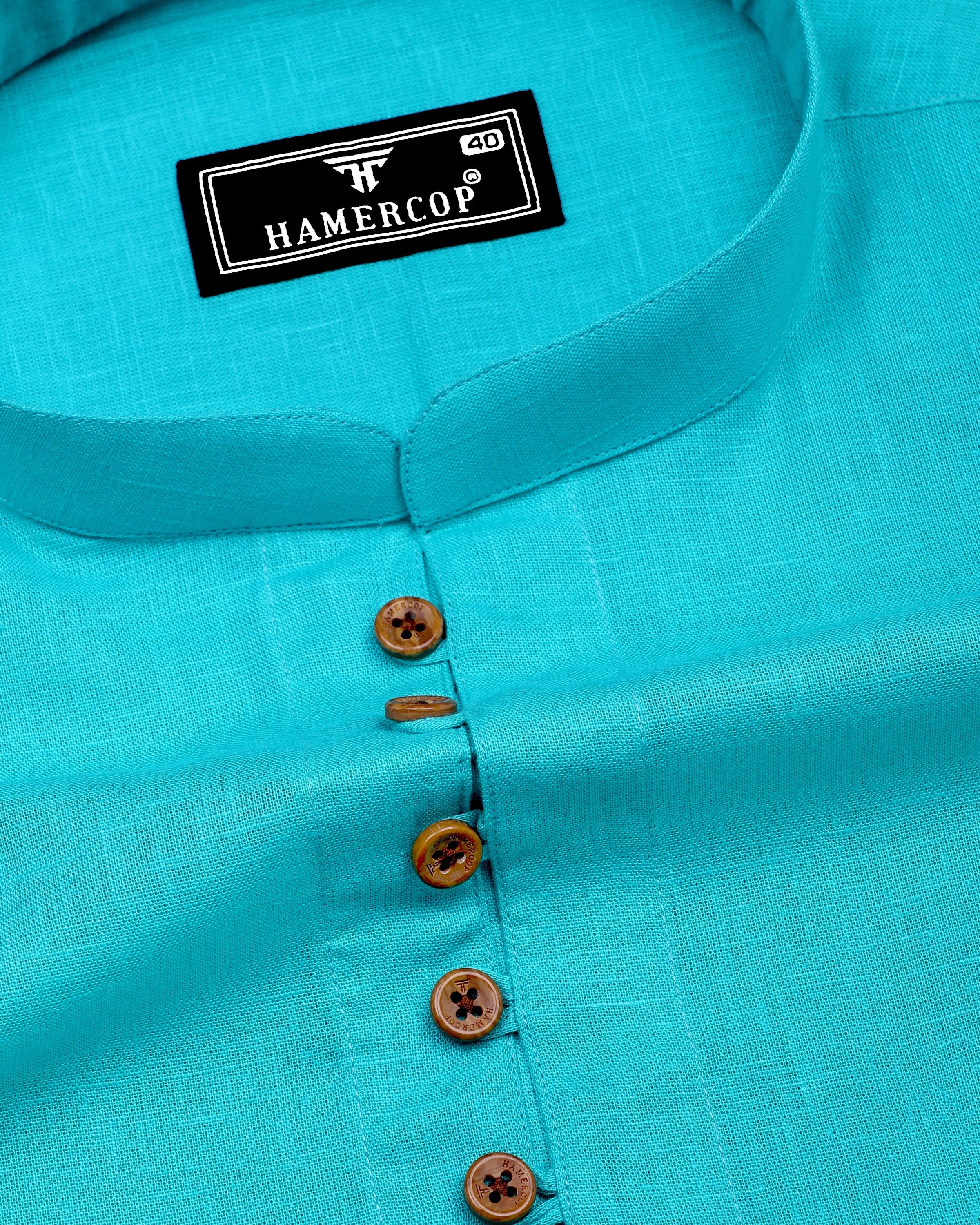 Libra Turquoise Blue Linen Cotton Shirt Style Kurta for Men – Hamercop
