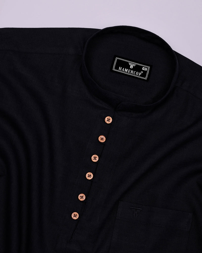 Libra Black Solid Linen Cotton Shirt Style Kurta