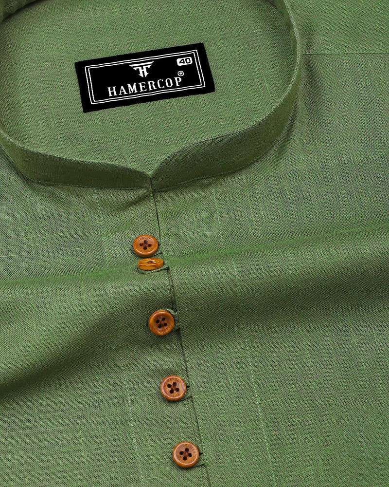 Libra Green Solid Linen Cotton Shirt Style Kurta