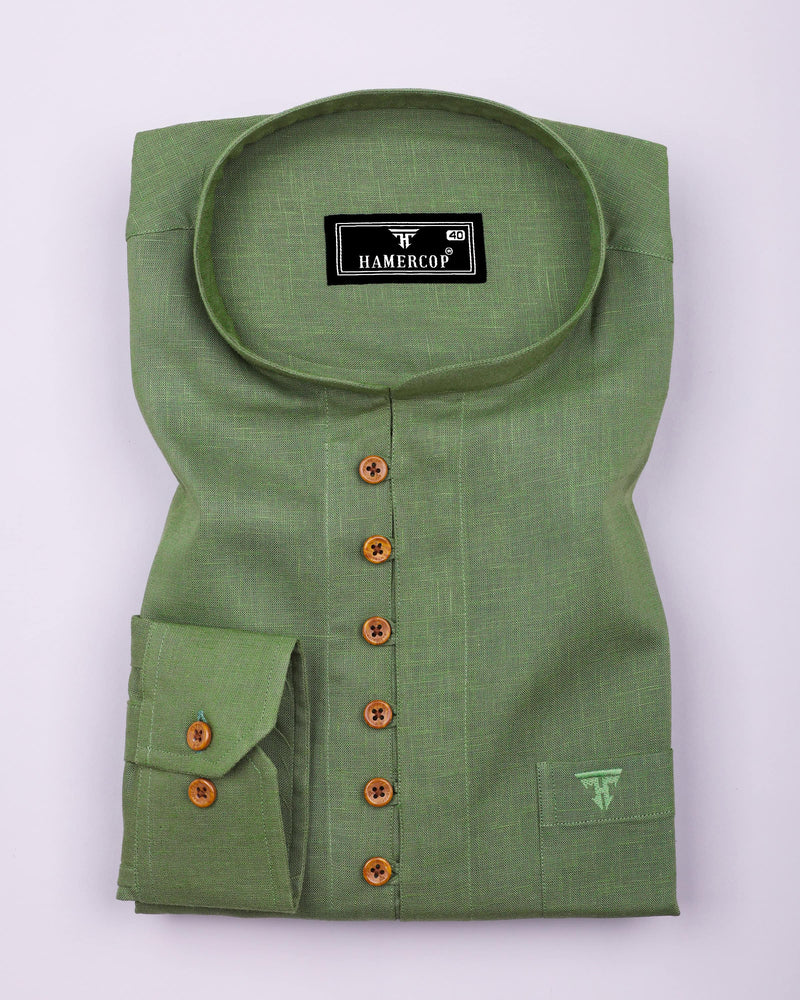 Libra Green Solid Linen Cotton Shirt Style Kurta