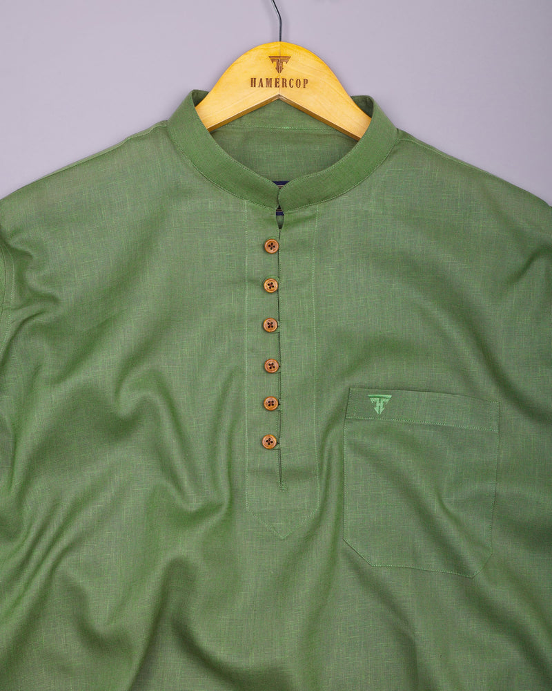 Libra Green Solid Linen Cotton Shirt Style Kurta