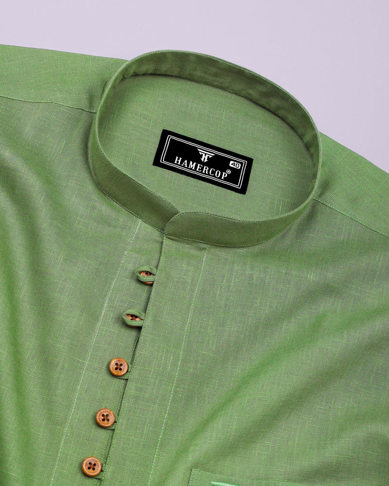Libra Green Solid Linen Cotton Shirt Style Kurta