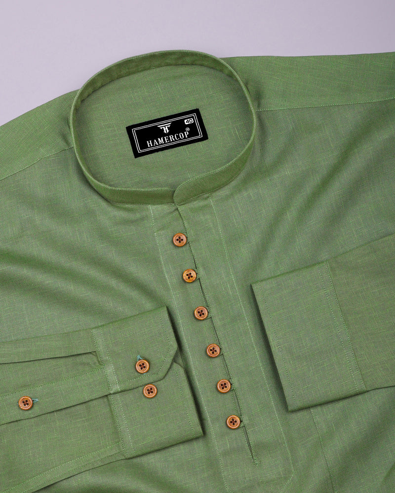 Libra Green Solid Linen Cotton Shirt Style Kurta