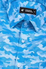 Royal blue floral printed jacquard cotton shirt