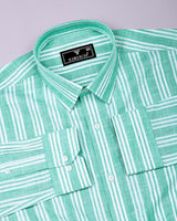 Cevon Light Green With White Stripe Amsler Cotton Shirt