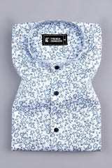 White with blue floral design printed cotton shirt