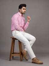Velian Peach Pink Stripe Linen Cotton Shirt