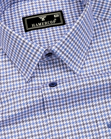 Fenor Gray With SkyBlue Houndstooth Check Premium Giza Shirt