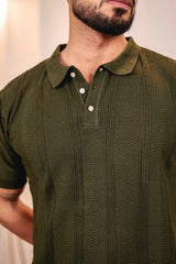 Beern Deep Olive Knitted Cotton Polo T-Shirt