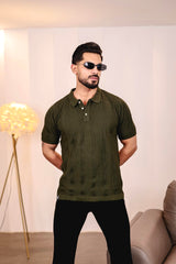 Beern Deep Olive Knitted Cotton Polo T-Shirt