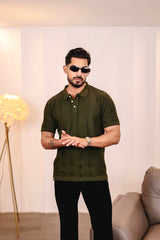 Beern Deep Olive Knitted Cotton Polo T-Shirt