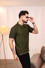Beern Deep Olive Knitted Cotton Polo T-Shirt