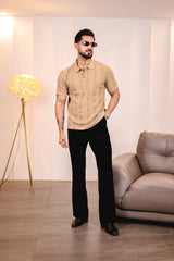 Beern Khaki Cream Knitted Cotton Polo T-Shirt