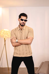 Beern Khaki Cream Knitted Cotton Polo T-Shirt