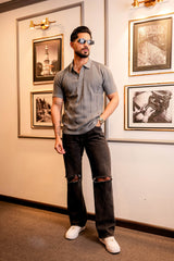 Beern Dark Grey Knitted Cotton Polo T-Shirt