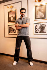 Beern Dark Grey Knitted Cotton Polo T-Shirt