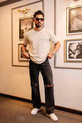 Drift Ivory Cream Melange Knitted Cotton T-Shirt