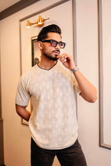 Drift Ivory Cream Melange Knitted Cotton T-Shirt