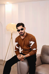 Drip Chocolate Brown With White Knitted Cotton Full Sleeves T-Shirt