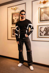 Drip Black With White Knitted Cotton Full Sleeves T-Shirt